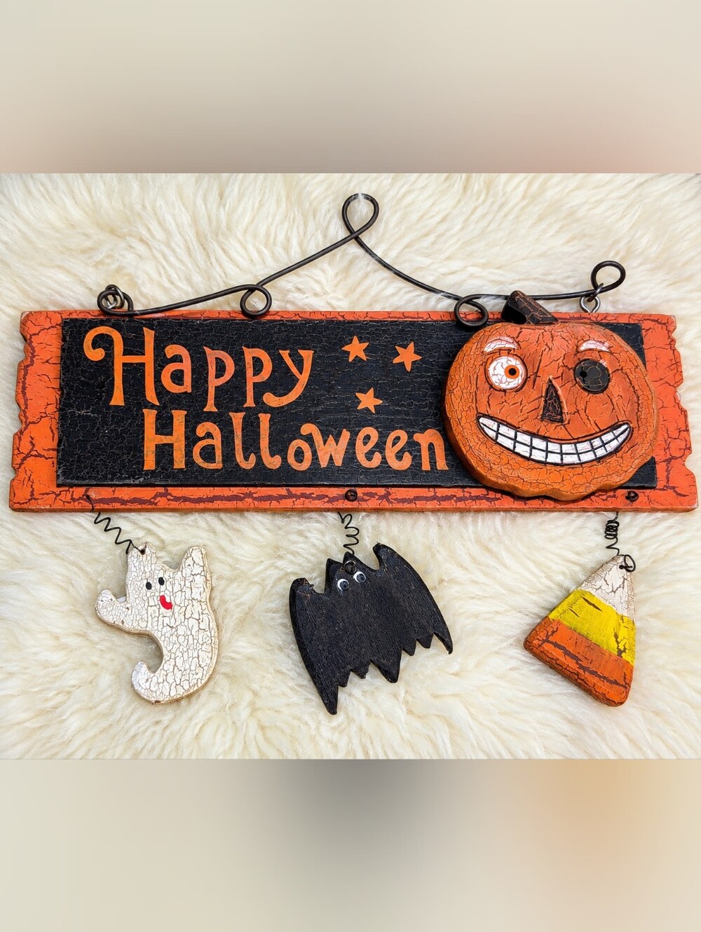 Vintage Style Happy Halloween Pumpkin Ghost Bat Candy Corn Hanging Sign Decor
